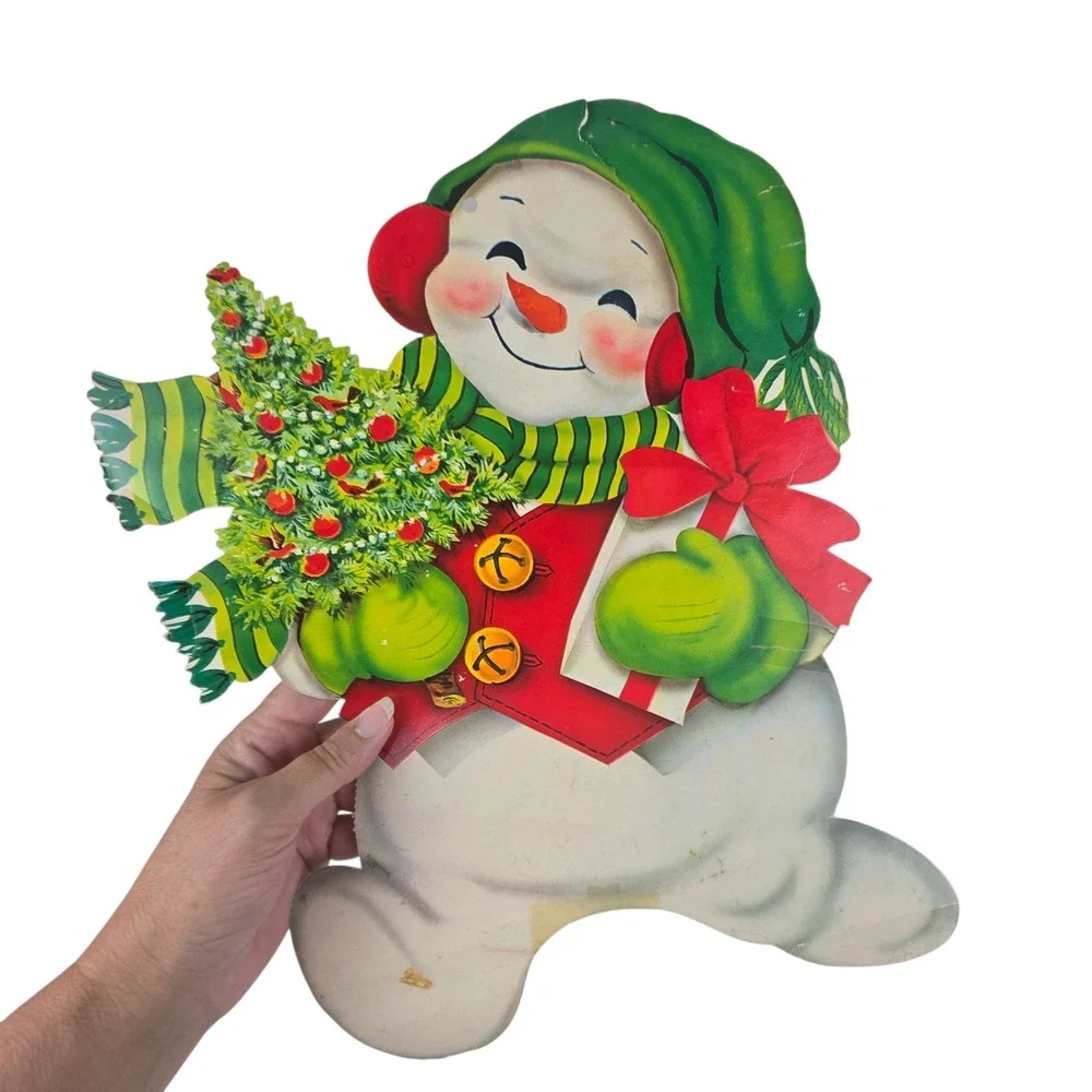 5 Vtg 60s Christmas Paper Cutouts Double Sided Snowman Reindeer Tree USA READ